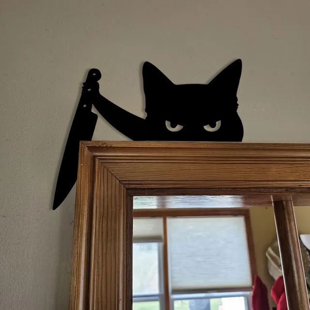Halloween scary grumpy black cat decoration art