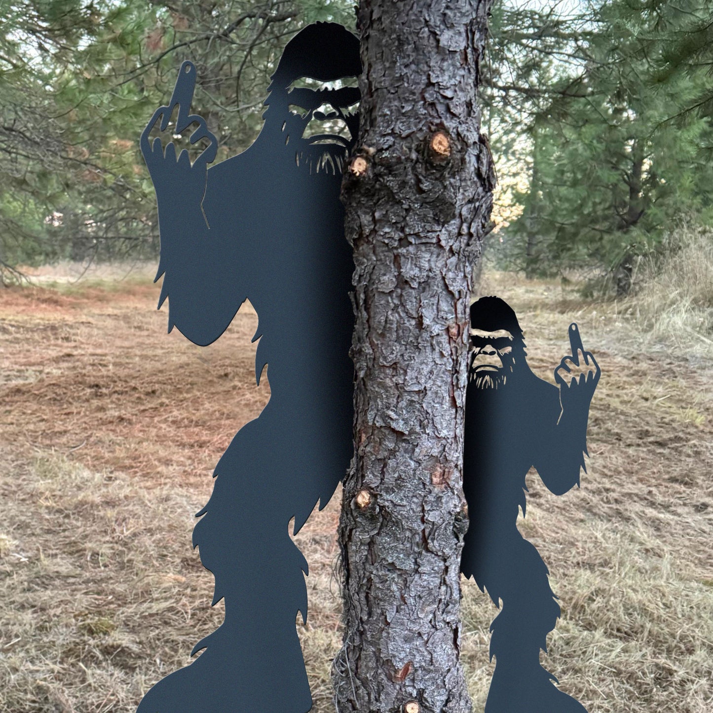 6.5ft Bigfoot metal art showing middle finger