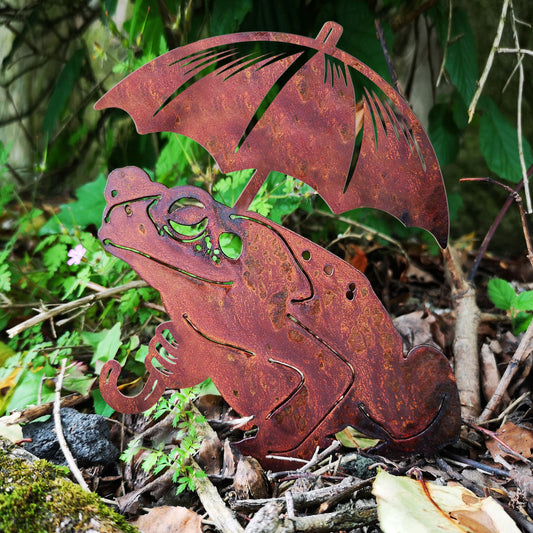 Frog holding an umbrella metal art