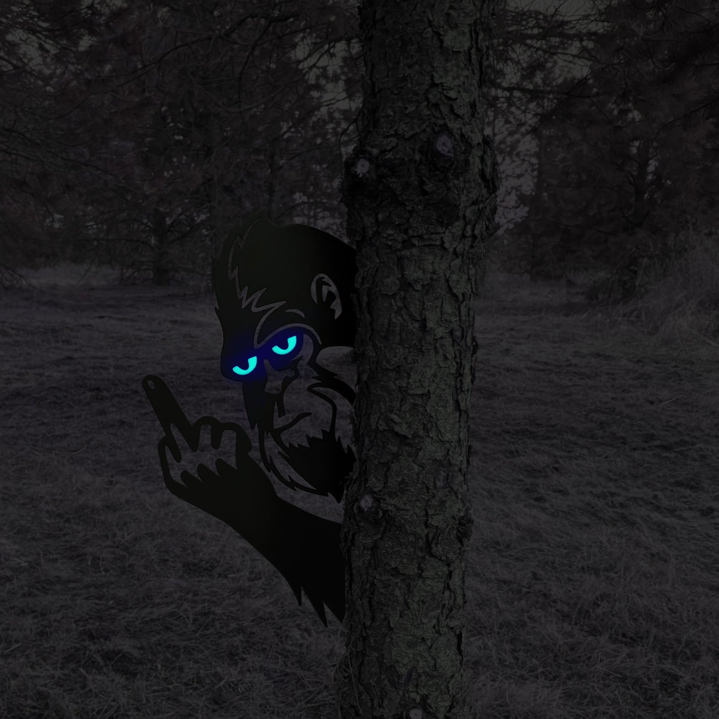 Bigfoot with glowing eyes, giving the middle finger metal art