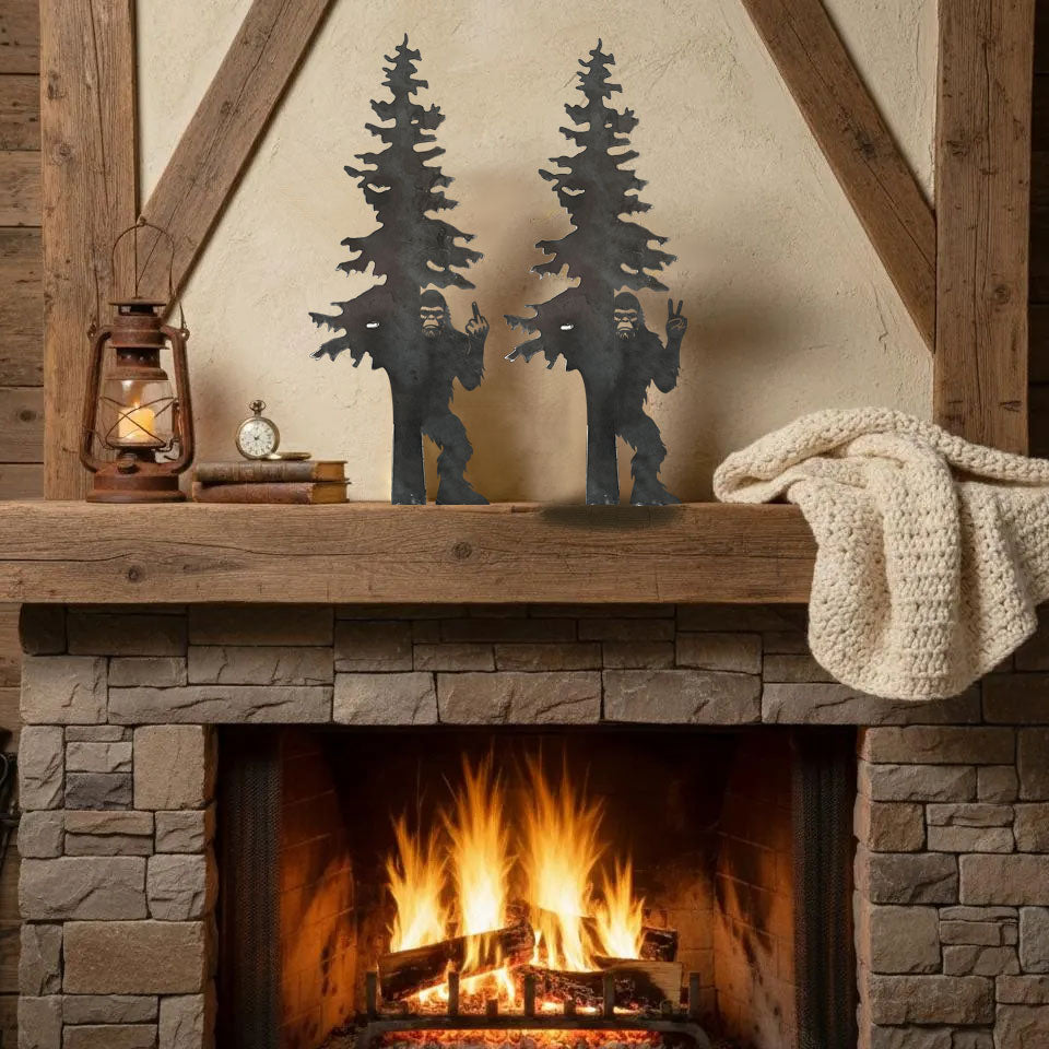 Bigfoot hiding behind an evergreen tree with his middle finger raised