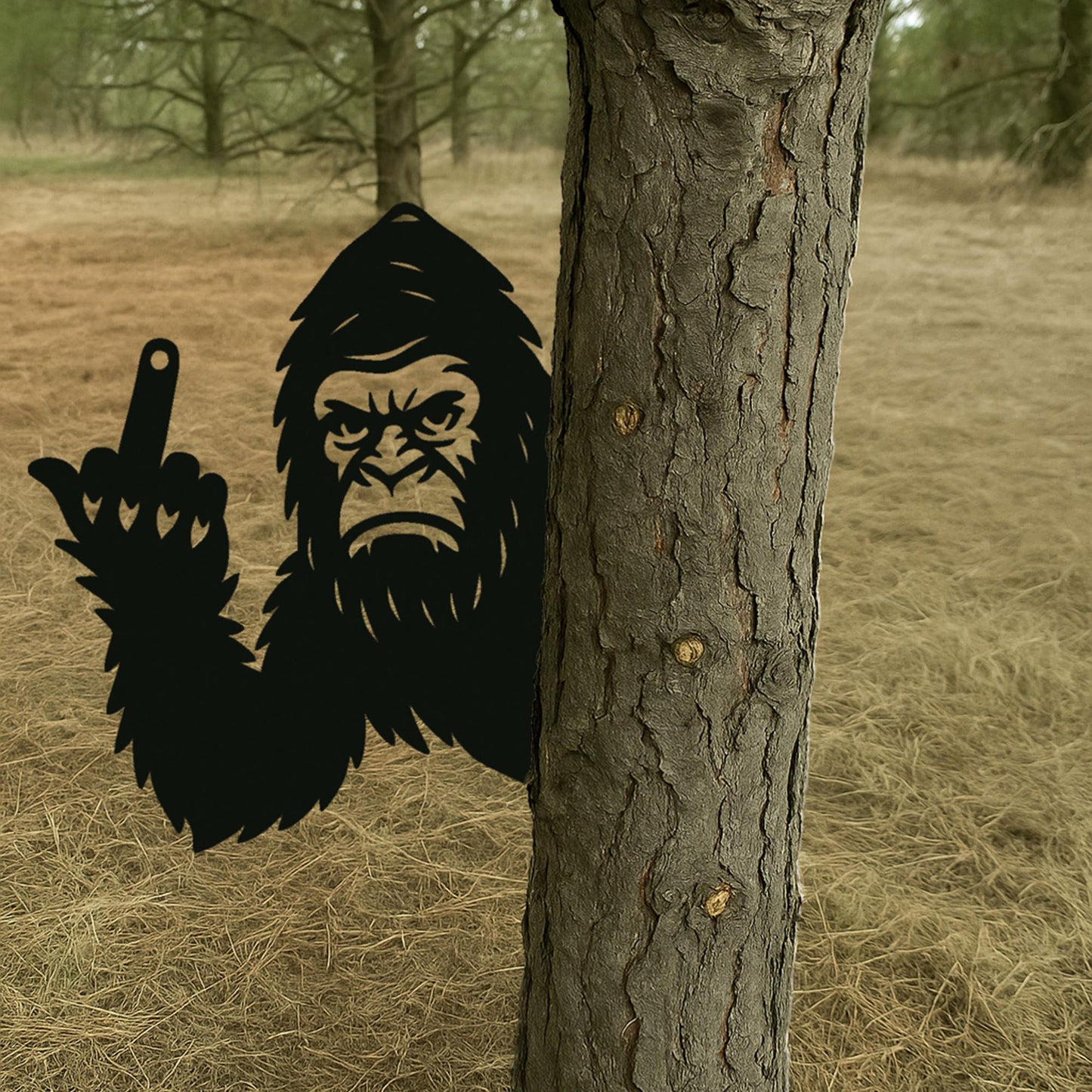 Bigfoot metal art showing middle finger