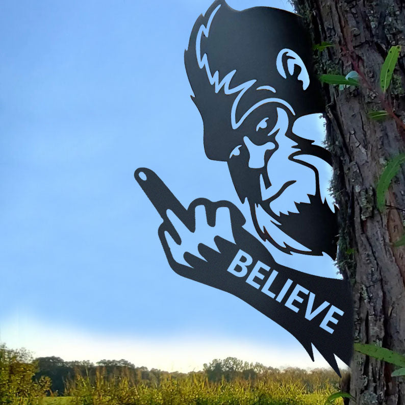 Bigfoot metal art showing middle finger